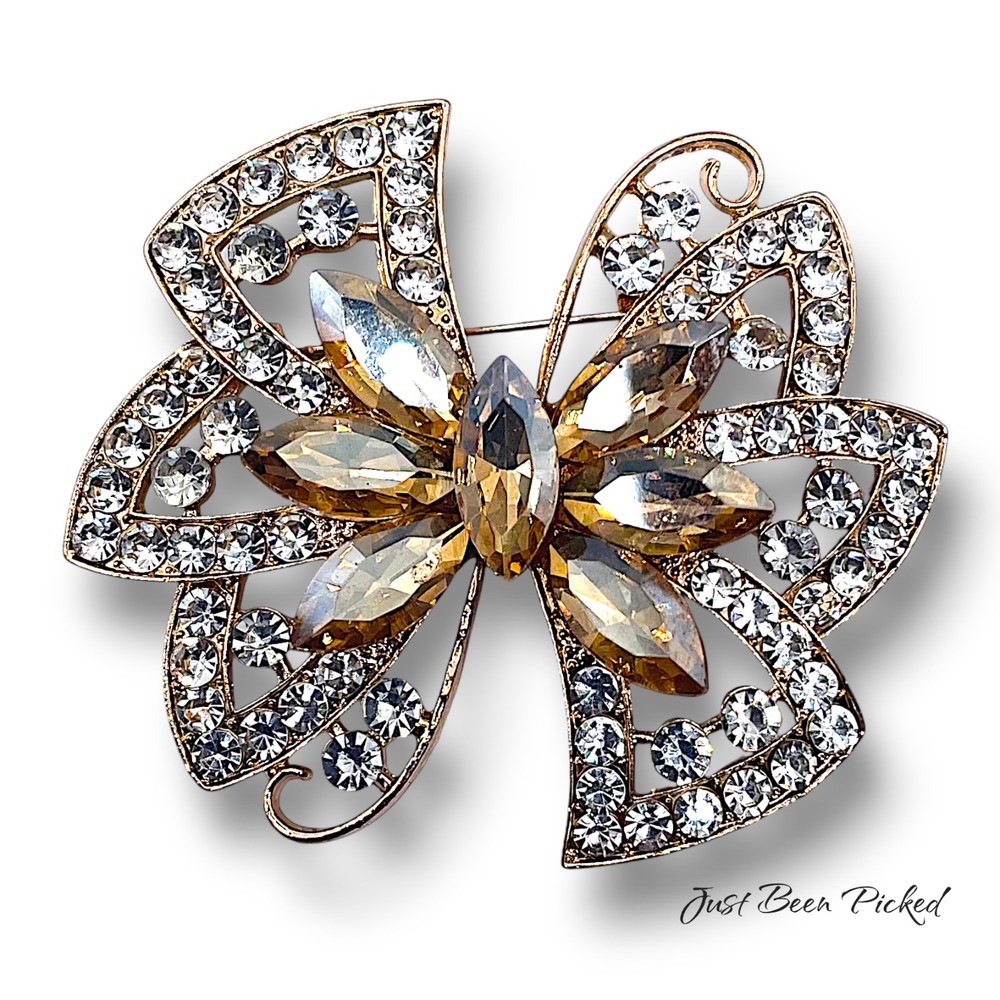 Champange Stone Rhinestone Brooch 2.5" Vintage‎ Unmarked